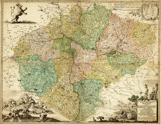 alt: *Nová mapa Království Českého.* Autor Mauritius Vogt, vydáno v roce 1712. Zdroj: Mapová sbírka Přírodovědecké fakulty UK.