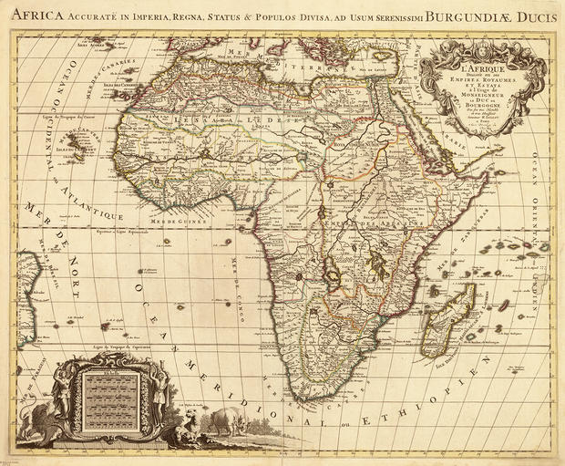alt: *Afrika v rozdělení na říše, království a státy.* Mapa A.-H. Jalliota z roku 1694. Zdroj: Mapová sbírka Přírodovědecké fakulty UK.