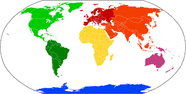 alt: Mapa světa s barevně odlišenými kontinenty. V této verzi je jich sedm. Zdroj Wikimedia Commons, autor Cogito ergo sumo, licence CC BY-SA 3.0.