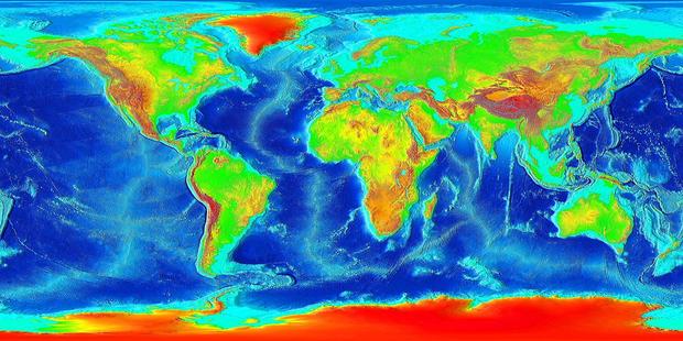 alt: Kontinentální šelfy jsou oblasti s mělkým mořem, přiřazované někdy ke kontinentům. Na této mapě jsou vyznačeny tyrkysově. Zdroj Wikimedia Commons / Atlas of the World, volné dílo (Public Domain).