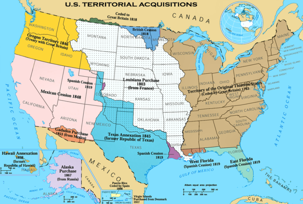 alt: Územní zisky USA od jejich vzniku do 20. století. Zdroj Wikimedia Commons / National Atlas of the United States, volné dílo (public domain).