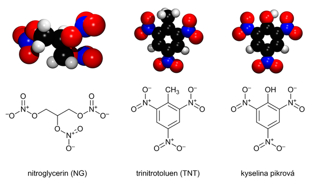 alt: Vzorce nitroglycerinu, trinitrotoluenu a kyseliny pikrové. V horní řadě jsou znázorněny černě atomy uhlíku, bíle vodíku, červeně kyslíku a modře dusíku. Ilustrace: Jan Kotek a Petr Slavíček.
