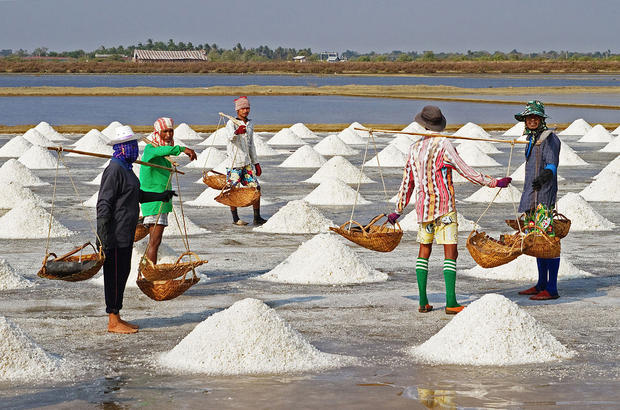 alt: Na mnoha místech se z mořské vody získává sůl odpařováním v mělkých nádržích. Tento snímek je z pobřeží Thajska. Zdroj Wikimedia Commons, autor JJ Harrison, licence CC BY-SA 3.0.