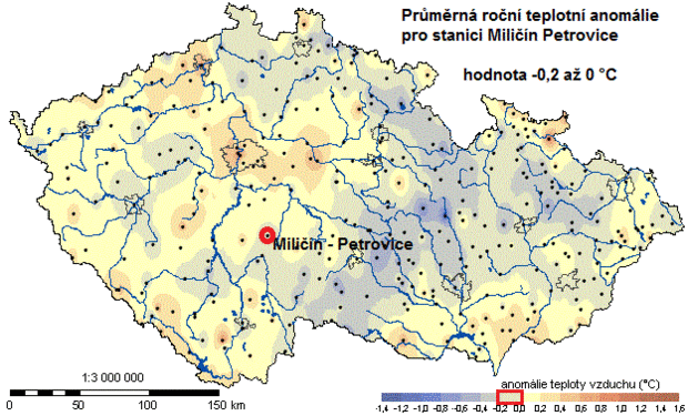 alt: Průměrné roční teplotní anomálie v ČR vypočtené na základě dat z meteorologických stanic. Českou Sibiř zde zastupuje stanice Miličín–Petrovice. Nechová se nijak anomálně a teplotou odpovídá své geografické poloze. Autorka mapy M. Šandová, 2009.