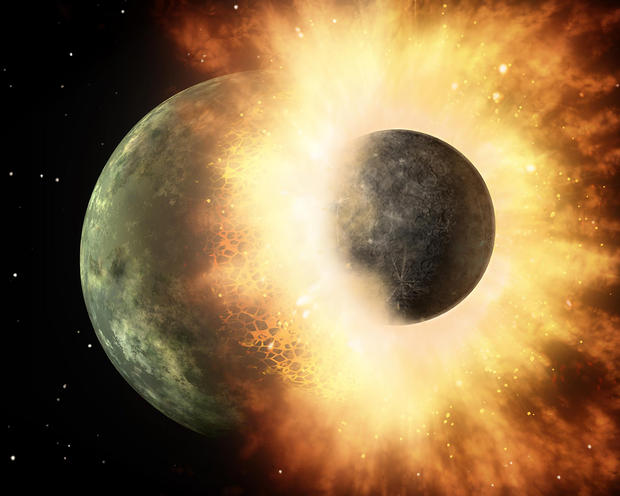 alt: Umělecká představa srážky dvou formujících se planet. Měsíc velmi pravděpodobně vznikl z materiálu, který byl vyvržen do kosmu při podobné kolizi Země s menší protoplanetou. Kredit: NASA/JPL-Caltech.