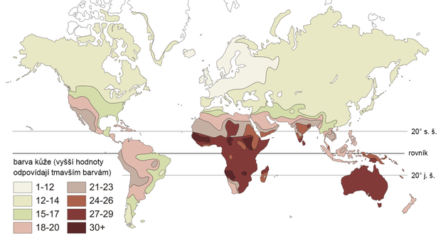 alt: Barva kůže u původních lidských populací (podle dat získaných před rokem 1940). Zdroj Wikimedia Commons, autor Phoenix B 1of3, české popisky Jan Kolář, licence CC BY-SA 3.0.