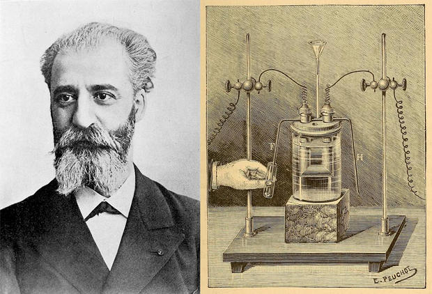 alt: Henri Moissan a jeho aparatura pro výrobu fluoru elektrolýzou. Zdroj Wikemedia Commons, úpravy Jan Kolář, volné dílo / Public Domain.
