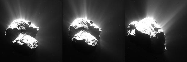 alt: Série snímků z 26. července 2015 ukazuje rapidní únik plynů z jádra komety necelé tři týdny před dosažením perihelia (bodu, kde je těleso na své oběžné dráze nejblíž Slunci). Zdroj European Space Agency, kredit a © ESA/Rosetta/MPS for OSIRIS Team MPS/UPD/LAM/IAA/SSO/INTA/UPM/DASP/IDA.