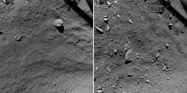alt: Povrch v oblasti Agilkia, jak jej zachytila kamera přistávacího modulu Philae během sestupu na kometu. *Vlevo* je snímek z výšky 48,5 metru, který zobrazuje oblast velkou asi 52×52 metrů. *Vpravo* je fotografie z výšky 9 metrů, na níž vidíte plochu zhruba 10×10 metrů. Zdroj European Space Agency, kredit a © ESA/Rosetta/Philae/ROLIS/DLR.