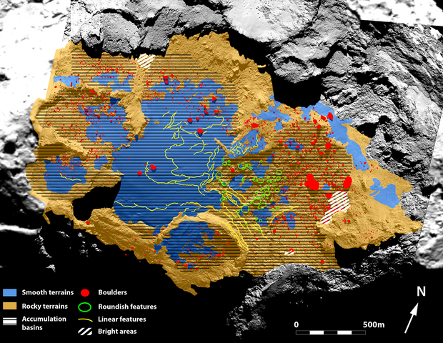 alt: Podrobná mapa oblasti Imhotep zhotovená v červenci 2015. Znázorňuje hladký a skalnatý terén, balvany, brázdy, pánve s hromadícím se prachem i další útvary. Zdroj European Space Agency, kredit a © ESA/Rosetta/MPS for OSIRIS Team MPS/UPD/LAM/IAA/SSO/INTA/UPM/DASP/IDA.