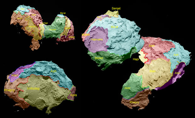 alt: Mapa oblastí na kometě Čurjumov–Gerasimenko. Jednotlivé regiony na tomto tělese jsou pojmenovávány podle božstev z egyptských mýtů. Zdroj European Space Agency, kredit a © ESA/Rosetta/MPS for OSIRIS Team MPS/UPD/LAM/IAA/SSO/INTA/UPM/DASP/IDA.