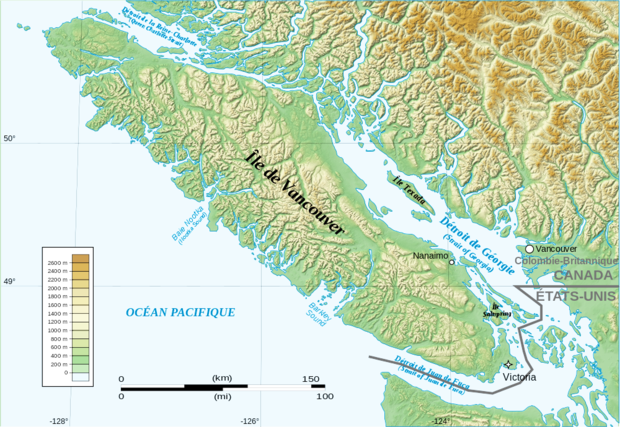 alt: Ostrov Vancouver u tichomořského pobřeží Kanady. Zdroj Wikimedia Commons, autor Arct, úpravy Jan Kolář, licence CC BY-SA 3.0.