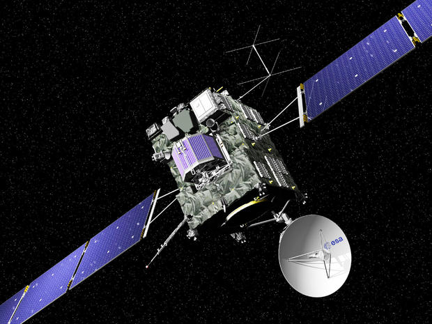 alt: Sonda Rosetta – na této ilustraci ještě s přistávacím modulem Philae (modře uprostřed), který se od ní odpojil v listopadu 2014. Kredit: ESA / J. Huart.