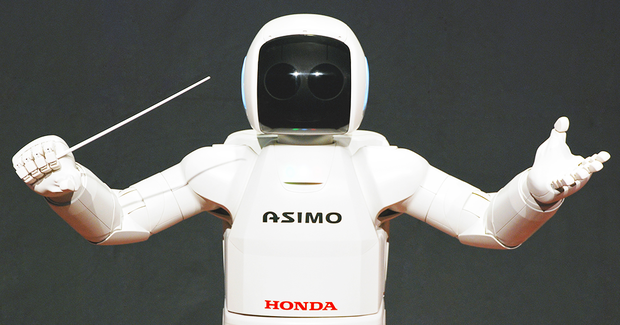 alt: Ilustrační obrázek: Humanoidní robot ASIMO. Chemičtí roboti ovšem vypadají úplně jinak – a jsou také mnohem menší. Zdroj Wikimedia Commons, autor Vanillase, úpravy Jan Kolář, licence CC BY-SA 3.0.