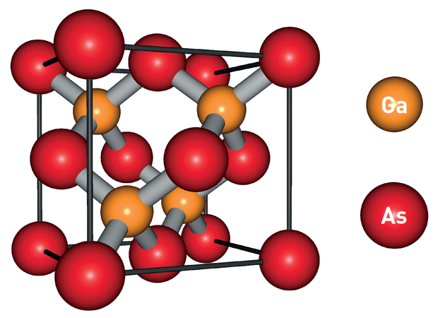 alt: Struktura arsenidu gallitého (GaAs), jednoho z polovodičů typu III-V, je analogická krystalové struktuře diamantu. Ilustrace: Jak Kotek.