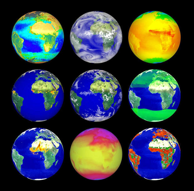 alt: Ilustrační obrázek: Vizualizace různých jevů na Zemi vytvořené na základě družicových dat. Zdroj Wikimedia Commons / NASA, volné dílo / Public Domain.