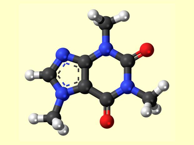 alt: Ilustrační obrázek: Model molekuly kofeinu. Černě jsou znázorněny atomy uhlíku, světle šedě vodíku, modře dusíku a červeně kyslíku. Zdroj Wikimedia Commons, autor Jynto, volné dílo / Public Domain.