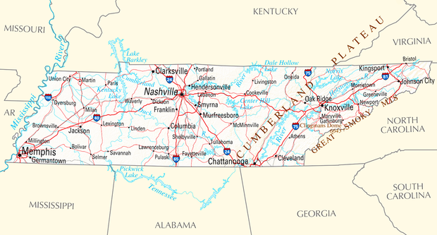 alt: Mapa Tennessee – státu na jihovýchodě USA, po kterém byl nazván prvek 117. Zdroj Wikimedia Commons / U.S. Department of the Interior, volné dílo / Public Domain.