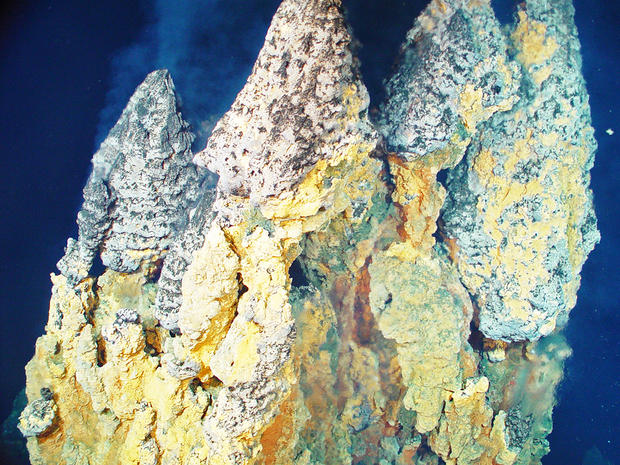 alt: Ilustrační obrázek: Vrchol černého kuřáku na pacifické podmořské sopce East Diamante. Černé kuřáky jsou komínovité průduchy na oceánském dně, které chrlí horkou vodu s rozpuštěnými plyny a minerály. Podle jedné hypotézy vznikl pozemský život právě v okolí těchto struktur. Zdroj Wikimedia Commons, autor NOAA, volné dílo / Public Domain.